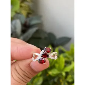 Three Stone Oval <b>Garnet</b> <b>Ring</b> 925 Sterling <b>Silver</b> Handmade Gemstone <b>Ring</b> Wholesale Jewelry Supplier - Product Image 1