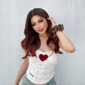 DWY T-Part Mid-Length Curly <b>Wig</b> with Dark Root Copper Orange Red Color Transparent Lace Limited to US - Product Image 6