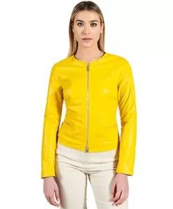 Veste en cuir véritable jaune pour femme, sans col, col rond, fermeture éclair sur le devant, en peau de mouton, style motard, personnalisée, élégante, coupe ajustée, vêtement d'extérieur - Product Image 1