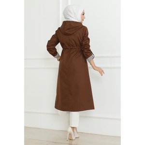 Manteau trench long à capuche et fermeture éclair pour femme, couleur beige, tissu tissé, doublure 100% coton, rembourrage en coton, usage quotidien, Mega Merchant 19205 - Product Image 4