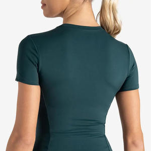Camiseta de gimnasio para mujer de color verde azulado marino de alta demanda, camiseta elástica de manga corta de longitud completa con cuello redondo y poliéster, nueva camiseta informal de entrenamiento de Yoga - Product Image 4