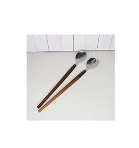 Handmade Long Handle Brass Stainless Steel Fork Spoon Salald Tableware Salad Server Spoon Royal Design Wood Handle - Product Image 2