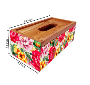 Artesanías personalizadas Caja de pañuelos de madera de mango Caja impresa azul y amarilla Caja de soporte de pañuelos de mesa hecha a mano - Product Image 3