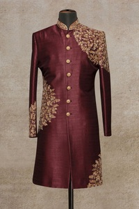 2023 Latest Stylish Embroidery on Sherwani Raw Silk <b>Pants</b> with Matching Shoes for Weddings and Parties - Product Image 2