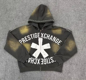 Conjunto de Sudadera con Capucha y Pantalones de Algodón 100% Personalizados con Logotipo Bordado Desgastado Estilo Urbano Vintage con Pedrería para Hombre - Product Image 4