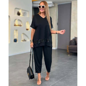 Women's Short-Sleeved V-Neck <b>Sequined</b> Viscose Two-Thread Blouse and <b>Pants</b> Two-Piece Set, 33169 - Black - Product Image 1