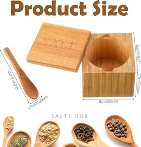 Boîte de rangement à épices pliable en bois écologique avec cuillère, récipient à sel pour la cuisine |   Organisateur d'assaisonnements en bois naturel moderne - Product Image 4