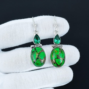 925 Sterling <b>Silver</b> Plated Bohemian Style Fashionable Green Cooper Turquoise Oval Gemstone Natural Bezel Anniversary <b>Earrings</b> - Product Image 3