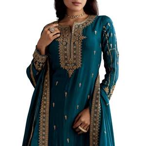 Verde azulado Zari con cuentas Kurta Palazzo Dupatta conjunto con lentejuelas venta al por mayor mujeres Ropa Étnica OEM fábrica de ropa suministro de ropa - Product Image 3
