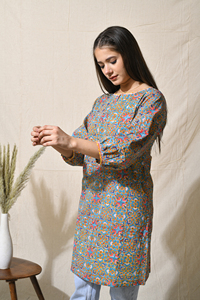 Vestido de algodón corto con estampado de bloques, vestido informal de algodón para mujer, vestido de manga larga, fabricación al por mayor OEM - Product Image 3