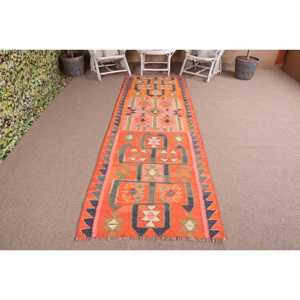 Turkish <b>Rug</b>, <b>Runner</b> 3.3x10.3 ft Vintage <b>Rug</b>, Orange Bordered Wool <b>Rug</b> - Product Image 1