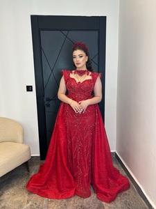 Vestido de Noche Rojo de Organza Bordado con Lentejuelas, Estilo Sirena, Cintura Natural, Sin Mangas, Largo hasta el Suelo, con Cola Barrida, Elegante - Product Image 1