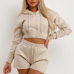 2024 vente chaude femmes classique fermeture éclair à capuche Shorts ensemble coton polaire survêtement pour femmes surdimensionné fermeture éclair capuche vêtements de sport - Product Image 2