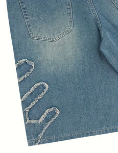 Shorts en jean pour homme personnalisés de haute qualité, style streetwear d'été, vintage, décontracté, hip-hop, coupe ample, délavé, avec ourlet brut et appliques en strass - Product Image 4