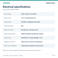 Convertisseur DC-DC isolé E0505DY-2WR1 avec sorties +/-5V, 2W, entrée 5V, 200mA par rail