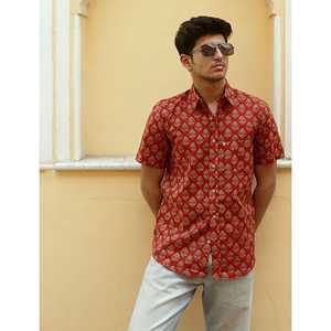 Camisa Casual de Algodón Popelín Rojo Estampada para Hombre, Manga Corta, Cuello Mao o Sin Cuello, Talla 6XL, 100% Algodón, Suministro ODM - Product Image 1