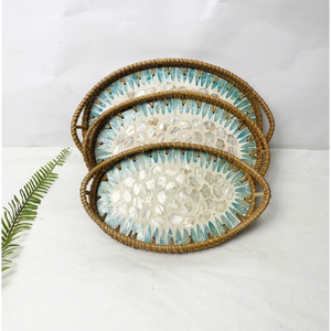 Ensemble de 3 plateaux rectangulaires en rotin pour la décoration, plateau de service en osier bohème, tissé à la main en rotin naturel avec incrustation de nacre - Product Image 3