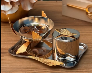 Luxury Stainless Steel Gold And Silver Metal Decorative <b>Trays</b> with Bowls In Shiny Polished Flower Shape Design - Product Image 4