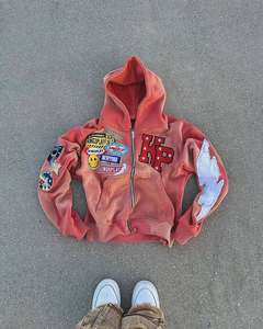 เสื้อฮู้ดมีซิปสำหรับผู้ชายเสื้อครอปแบบตัดเย็บสไตล์วินเทจผ้าปะติดแบบ500gsm ซักได้ - Product Image 3