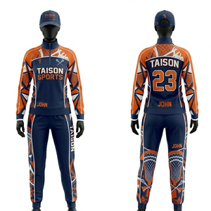 Survêtement d'entraînement de lacrosse pour femmes, tissu polyester spandex 280 GSM, design à panneaux bleu marine et orange, logo personnalisé par sublimation - Product Image 1