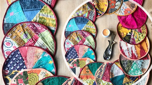 Manteles individuales Vintage kantha, manteles de mesa hechos a mano de retazos, mesa de cuñas de retazos inspirada en pizza Bohemia - Product Image 4