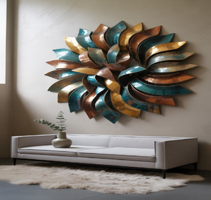 Arte metálico abstracto de rayos de sol en verde azulado y dorado. Decoración moderna y lujosa para tu sala de estar. Disponible a precios de mayoreo. - Product Image 1