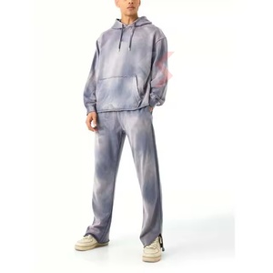 Ensemble 2 pièces sweat à capuche zippé et pantalon de survêtement streetwear personnalisé, délavé soleil et délavé acide, 100% coton, taille élastique, prix abordable - Product Image 1