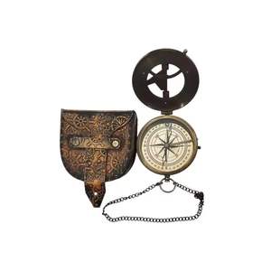 Fully Functional 45mm Brass Round Sundial <b>Compass</b> with Leather Cover Handcrafted Nautical Home Decor Item Great Gift - Product Image 3