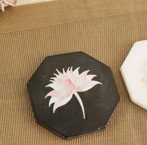 Round black marble <b>coasters</b> with floral inlay handmade natural stone <b>drink</b> <b>coasters</b> with holder decorative marble <b>coaster</b> set - Product Image 4