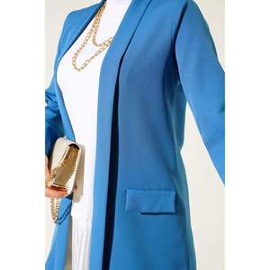 Indigo Basic Jacket with <b>Shawl</b> Collar Genuine Leather Reversible <b>Embroidered</b> Pattern Hoody Hooded Woven Fabric for Spring Season - Product Image 3