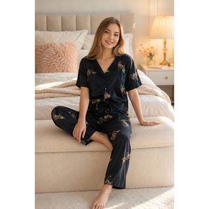 Conjunto de Pijama Informal con Estampado de Leopardo y Botones, Ropa de Dormir Suave y Transpirable para el Hogar, Cintura Elástica, Logotipo Personalizado, Color Negro, Tejido ODM - Product Image 2