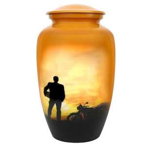 Urna de cremación al atardecer para motocicleta, urna de Metal hecha a mano, opción de grabado personalizado conmemorativo para motorista, opción de corona de tributo - Product Image 2