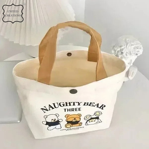 Sac à main en toile ours pour femmes sac à provisions Portable avec impression à la mode grand sac fourre-tout en toile de coton imprimé personnalisé - Product Image 6