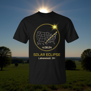 T-shirt Eclipse Solaire 2024 Lakewood Oh Totality, unisexe adulte, manches courtes, col rond, impression numérique, promotionnel - Product Image 3