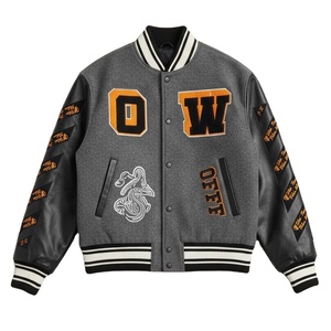 Wholesale Custom Men's Y2K Varsity <b>Jacket</b> Heavyweight Wool Blend <b>Grey</b> Bomber Orange Chenille Patches Leather Sleeves - Product Image 1