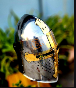 หมวกบาร์บูต้าสมัยยุคกลาง ผิวเหล็ก พร้อมแผ่นปิดหน้ารูปไม้กางเขนทองเหลือง |   หมวกเกราะอัศวินสำหรับตั้งโชว์ แต่งกาย และจำลองสถานการณ์ - Product Image 6