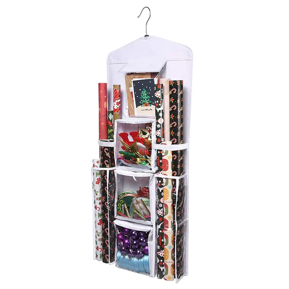 600D Oxford Fabric Hanging Gift Wrap Organizer Double Sided Wrapping Paper Storage Bag with Hook Foldable Europe Promotion