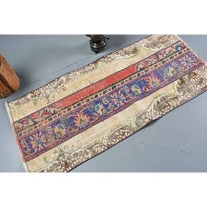 Alfombra turca vintage de 2,2x5,1 pies, lana azul beige hecha a mano con pelo de felpa, altura, forma rectangular, patrón abstracto para dormitorio - Product Image 2