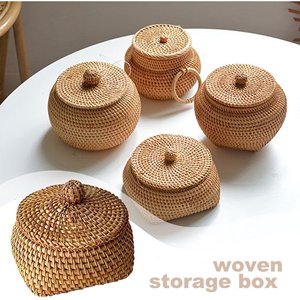 Tienphong Wholesale Round Rattan Box With Lid and Handle Shelf Basket Desktop <b>Storage</b> Basket <b>for</b> Home Farmhouse <b>Kitchen</b> - Product Image 3