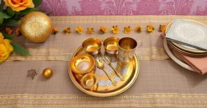 <b>8</b>-Piece Beautifully Handcrafted Traditional <b>Dinnerware</b> <b>Set</b> Brass Thali Plate Bowls Fork with Durable Glass Spoon Tableware Gift - Product Image 3