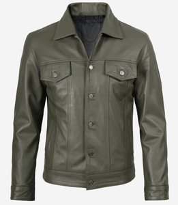 Chaqueta de Cuero para Hombre, Cuatro Bolsillos, Color Verde Oliva, Estilo Camionero, 2025 - Product Image 3