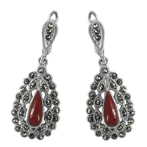 Pendientes de Lágrima de Plata 925 con Marcasita y Coral Rojo para Mujer, Chapados en Oro y Platino para Bodas y Fiestas - Product Image 3