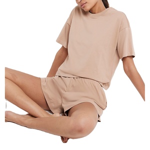 Conjunto de pijamas para mujer, ropa de dormir, 2 uds., conjunto corto, camiseta y pantalones cortos personalizados, patrón sólido, venta al por mayor para mujer, algodón personalizado, 2 piezas - Product Image 3