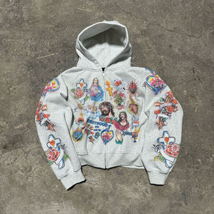 Sweats à capuche personnalisés pour hommes, poids lourd 100% coton, fermeture éclair DTG brodé et teint en plaine, coupe Boxy surdimensionnée, coupe courte 450-400GSM - Product Image 3