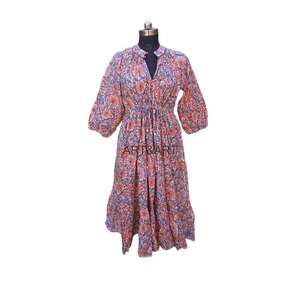 Vestido MIDI con estampado de bloque floral Vestido largo floral de verano informal con cuello en V de algodón suave - Product Image 2