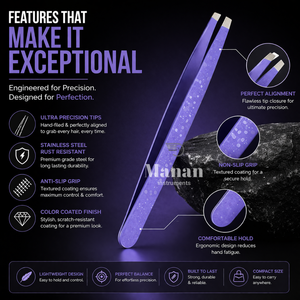 Pinzas de Cejas Premium Color Morado, Acero Inoxidable, Punta Inclinada, Herramienta de Belleza para Depilación de Precisión, Antideslizante - Product Image 3