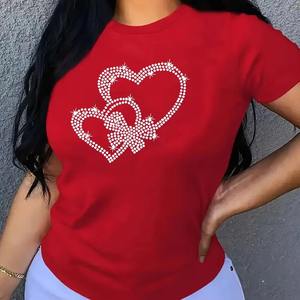 T-shirt à col rond pour femmes grande taille, style décontracté, fabricant de marque privée, graphique en strass, logo personnalisé pour adultes - Product Image 4