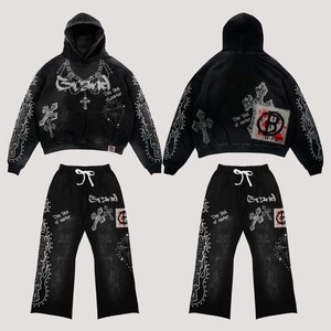 Ensemble survêtement personnalisé streetwear avec broderie usée, patch numérique, sweat-shirt et pantalon de survêtement, délavage acide, décoloration au soleil, survêtement pour homme - Product Image 3