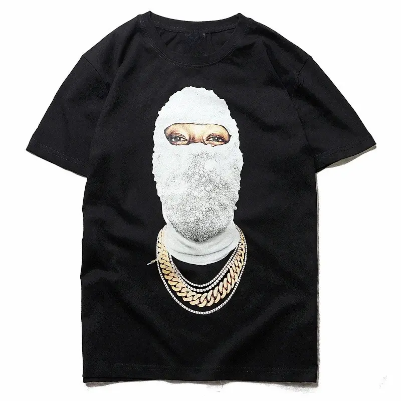 Tops de diseño creativo de algodón puro con cuello redondo de gran tamaño personalizado para hombres enmascarados Pearl Man Print High Street Casual suelta