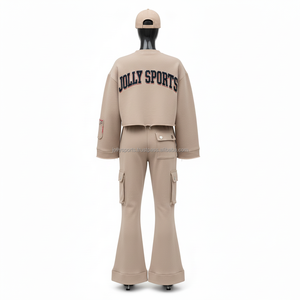 Chándal Premium para Mujer, Felpa de Algodón Cepillado, 280 GSM, Beige, Panel de Costura en Contraste, Logotipo Bordado, Tallas Grandes - Product Image 2